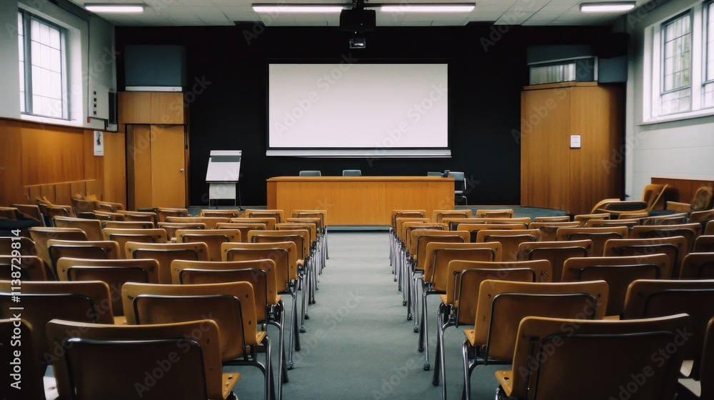 Poster empty lecture hall with rows of chairs and a projection screen.