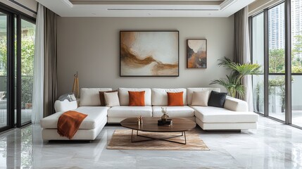 Modern minimalist living room with natural light and soft furnishings in an urban apartment