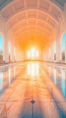 Obraz premium A sunlit, spacious interior with elegant arches and reflective marble flooring.