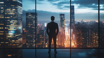 Fototapeta premium Businessman viewing city skyline at night from skyscraper office.