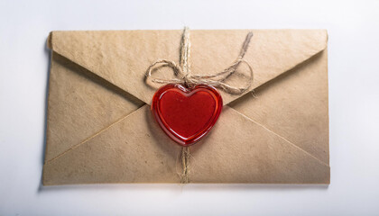 Envelope with red heart seal on white backdrop. Love letter. Valentine's day and romantic concept.