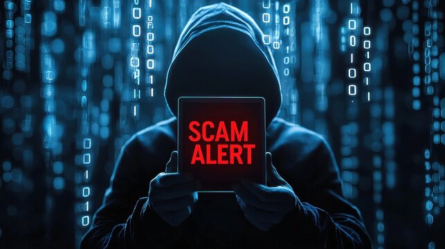 A mysterious hooded figure reveals a 'Scam Alert' message against a digital backdrop.