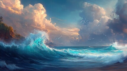 Naklejka premium Dramatic ocean waves crashing on a beach at sunset.