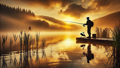  a fisherman casting his rod into a misty lake at sunrise. Ideal for capturing the serene beauty of nature and the joy of fishing