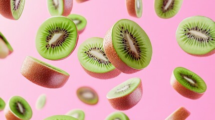 Fototapeta premium Slices of kiwi fruit falling against a pink background
