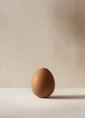 A single brown egg displayed on a seamless white background, with soft studio lighting enhancing its warm tones and smooth texture, in high resolution