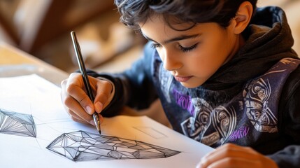 Boy drawing a geometric figure with a brush.