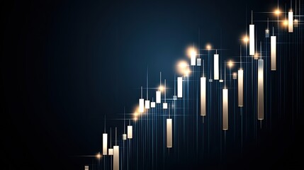 Candlestick graph highlights stock market movements against a dark blue backdrop, representing trading strategies and financial growth