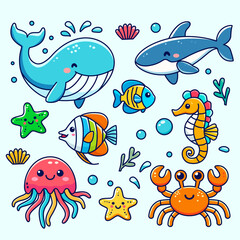 Set of sea animals in children's cartoon style isolated on white background