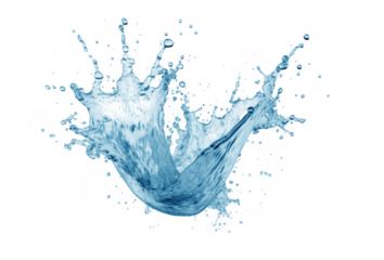 Graceful blue water splashing in crown shape, creating dynamic droplets against a transparent background, evoking freshness and purity