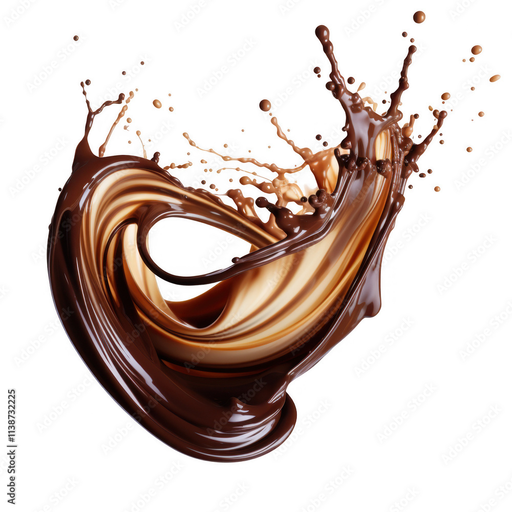 Poster creamy chocolate splashing in a smooth crown shape with droplets, isolated on transparent background