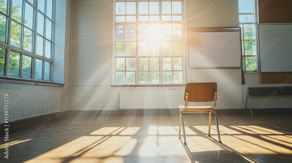 Poster sunlit empty classroom with single chair.