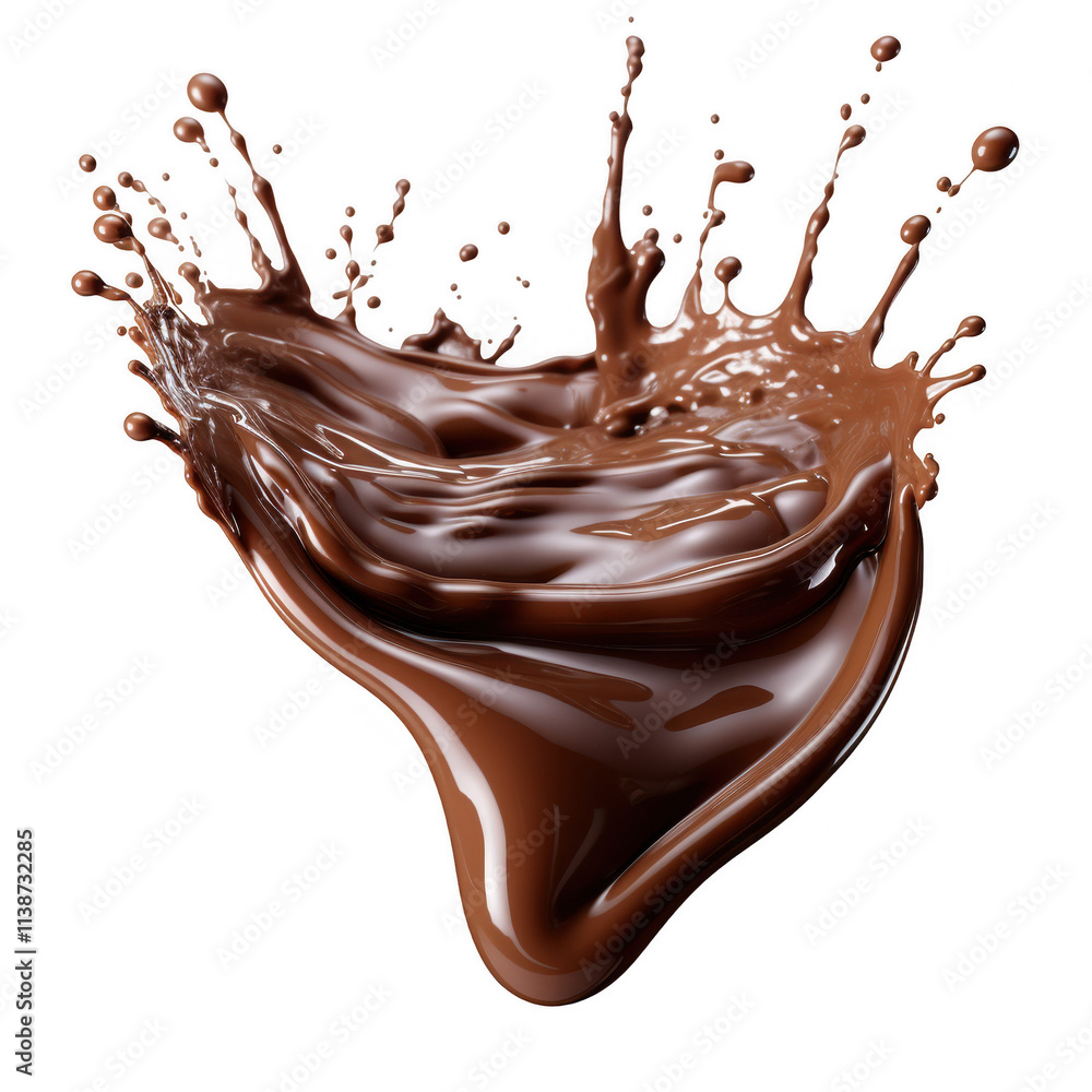 Poster creamy chocolate splashing in a smooth crown shape with droplets, isolated on transparent background