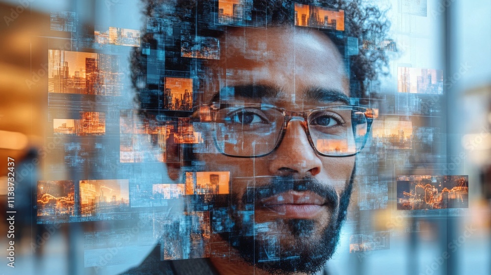 Poster man with glasses surrounded by digital images in a modern setting during daytime