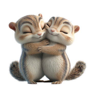 3d icon valentine Two adorable cartoon chipmunks hugging with closed eyes and transparent background
