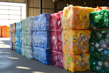 Recycled Plastic bales, Platic bottle waste after reecyling, concept photo for pollution, recycle and ecology