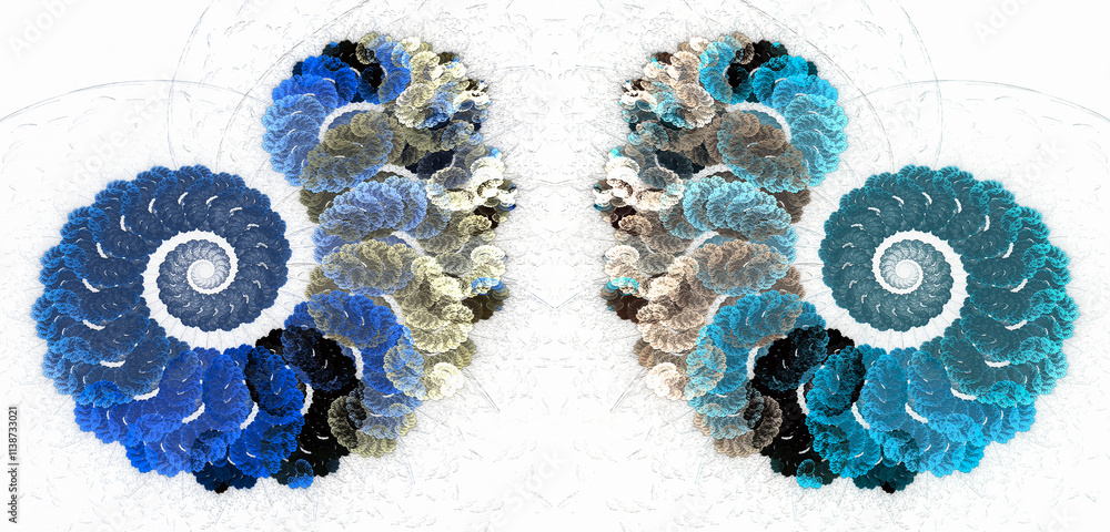 Poster blue-gray symmetrical spirals twisted from abstract ropes look like two ram's horns. graphic design 
