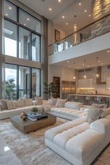 Fototapeta premium Modern living room design with large windows and cozy ambiance in mountain retreat
