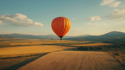 Obraz premium A vibrant orange hot air balloon floats over a scenic landscape at sunset.