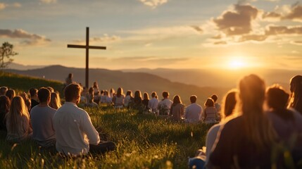 Christian outdoor worship service at sunset, horizontal, ideal for religious events, spiritual retreats, Easter celebrations and church gatherings. religious holiday promotions and community outreach.