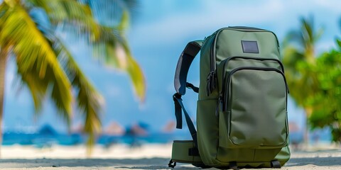 A stylish green backpack sits on the sandy beach, framed by palm trees and a vibrant ocean backdrop, perfect for travel enthusiasts.