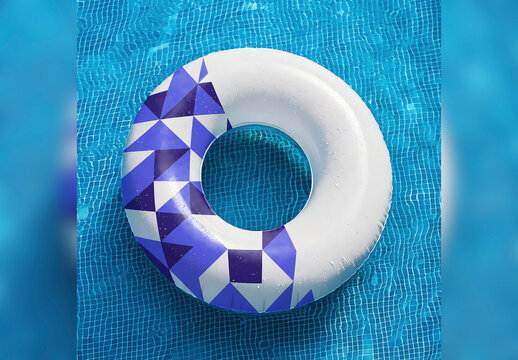 Donut Swim Life Ring Buoy Floating in Swimming Pool Mockup 03