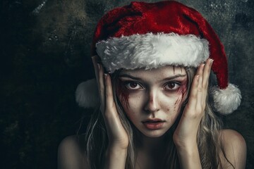Santa hat on a woman in fear