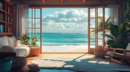 Cozy beach house interior with ocean view.