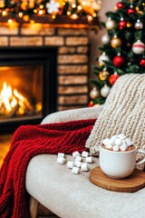 Warm and festive living room with a cup of hot cocoa, Christmas tree, fireplace, and cozy red blanket  
