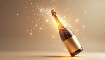 Sparkling champagne bottle with glitter and magic effects, festive and luxurious on a golden background