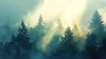 Fototapeta premium Sunbeams pierce misty mountain forest.