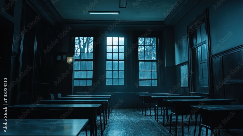 Poster dark, empty classroom with desks and large windows.