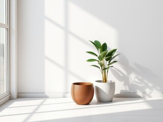 Fototapeta premium Realistic shadow effect of a potted plant on a white background, shadow, potted plant, interior design
