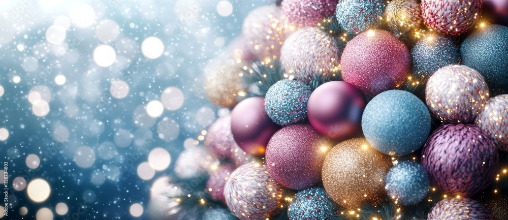 Poster christmas tree adorned with blue ornaments and bokeh lights, featuring real fir branches that sparkl