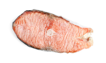 One frozen salmon steak isolated on white, top view