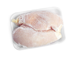 Frozen chicken breasts in container isolated on white, top view