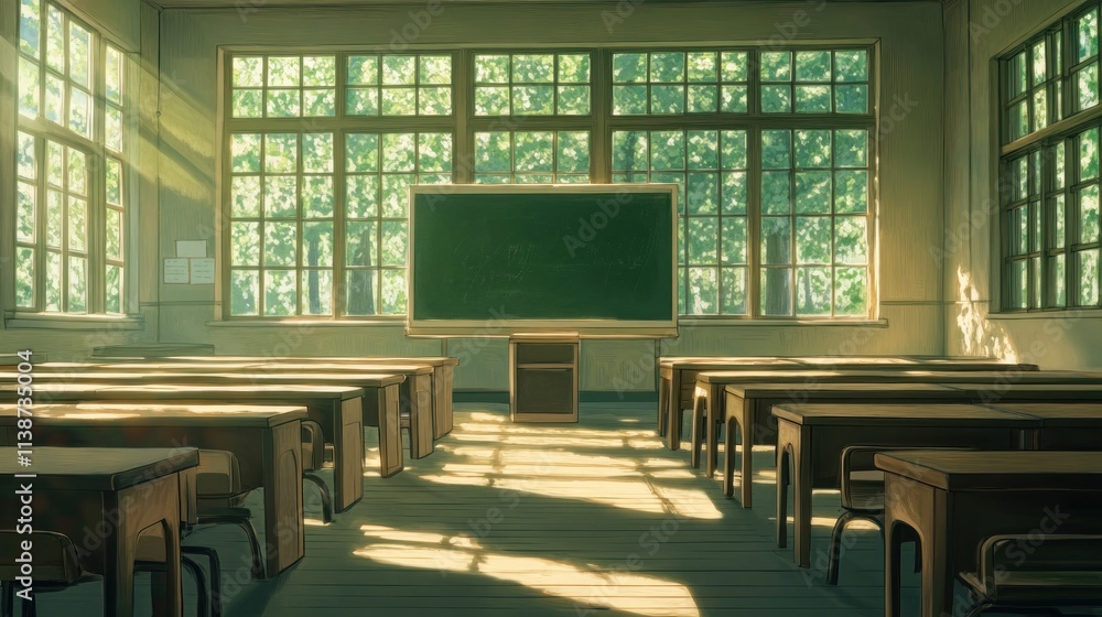 Poster sunlit classroom with empty desks and blackboard.