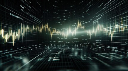 A vibrant green stock market chart features candlestick and bar graphs on a dark background, ideal for woven tapestry design