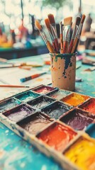 Fototapeta premium A vibrant artist's workspace with paint palettes and brushes.