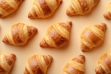 Flat lay of french pastry croissants, fresh baked