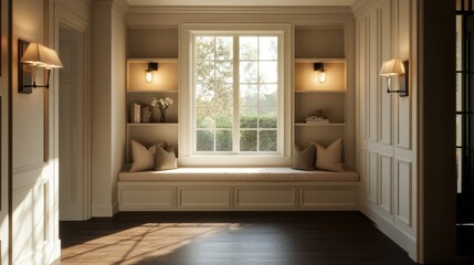 Sunlit window seat in a bright, elegant entryway.