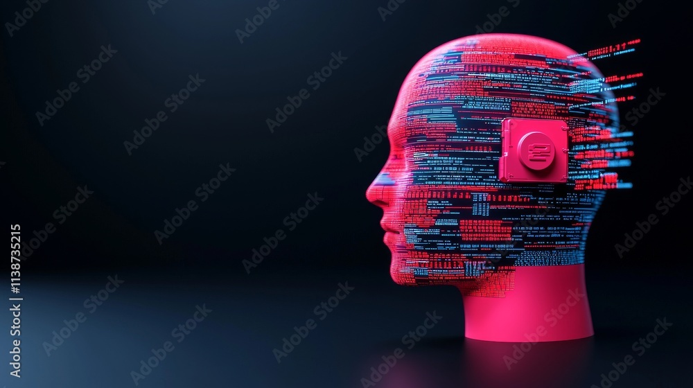 Poster a human head rendered digitally, featuring binary code and luminous lights.