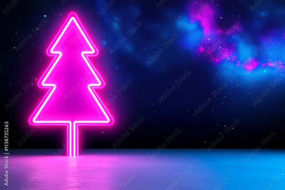 Poster a retro-futuristic 80s universe background featuring a synthwave wireframe net grid, a christmas tre