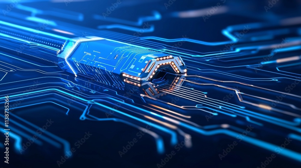 Poster a bright blue, futuristic circuit board with neon lights, symbolizing digital technology and abstrac