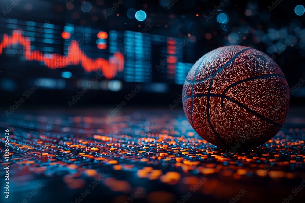 Poster a basketball positioned in front of a display showing analytics and statistical graphs.