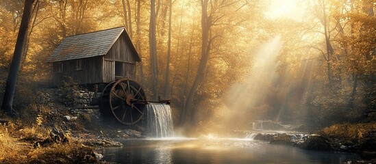 Rustic water mill in a golden forest glade.