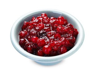 Tasty cranberry sauce in bowl isolated on white