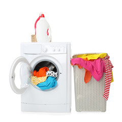 Washing machine, detergents and laundry basket with colorful clothes isolated on white
