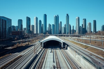 Obraz premium Modern urban skyline with skyscrapers and railway infrastructure.