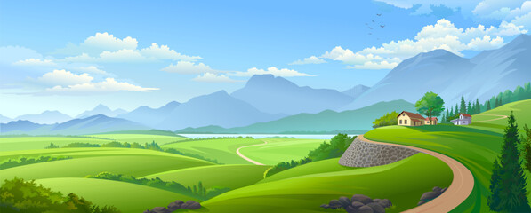 Rolling Green Hills with Village and Mountain Backdrop